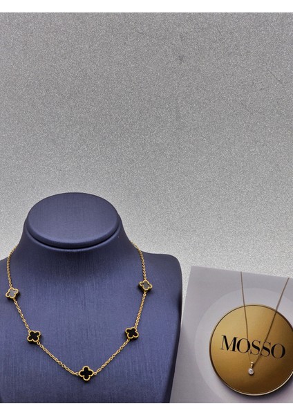 Siyah Yonca Model Gold Renk Çelik Kolye Van Cleef Küçük fırsatları