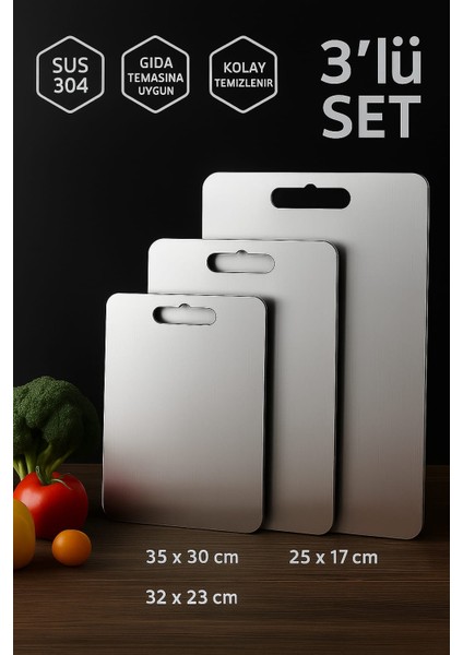 3 Adet Paslanmaz Çelik Kesme Tahtası, Hijyenik Yüzey, Orta Boy-Büyük Boy-Xl Büyük Boy, 3'lü Set