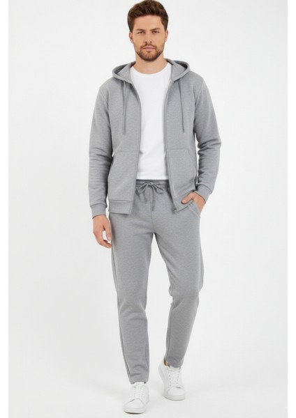 Gri Kapüşonlu Regular Fit Hırka Düz Paça Erkek Eşofman Takımı