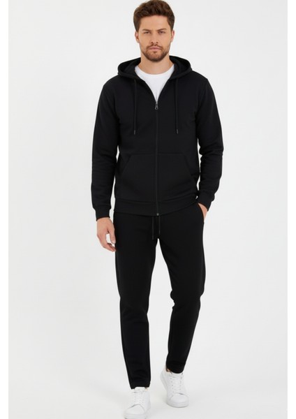 Siyah Kapüşonlu Regular Fit Hırka Düz Paça Erkek Eşofman Takımı