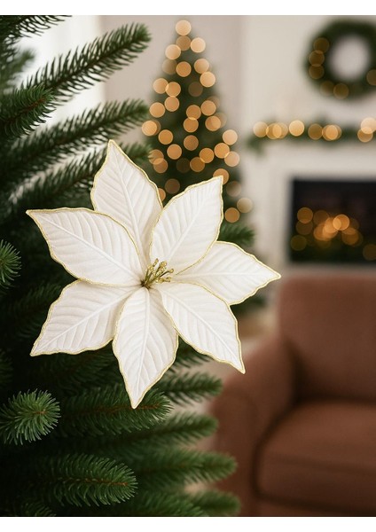 Yılbaşı Ağaç Süsü Ponsetya Atatürk Çiçeği Altın Sim Detaylı Şampanya 30 cm