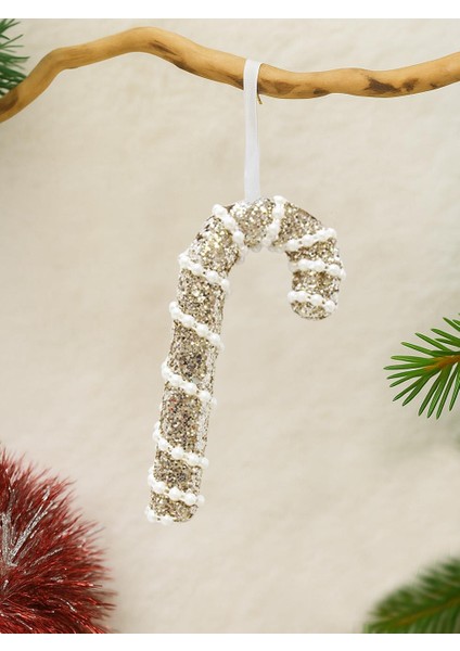 Yılbaşı Ağaç Süsü Inci ve Payet Detaylı Baston Şeker Dekoratif Süs Altın 16 cm