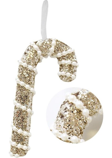 Yılbaşı Ağaç Süsü Inci ve Payet Detaylı Baston Şeker Dekoratif Süs Altın 16 cm modelleri