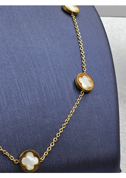 Yonca Model Beyaz Çelik Kolye Van Cleef Gold Renk