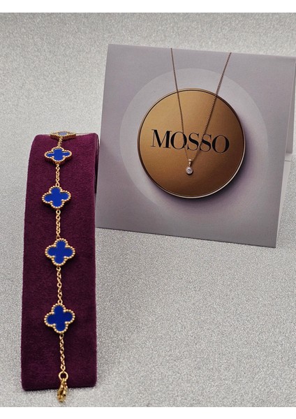 Yonca Model Mavi Çelik Bileklik Van Cleef Gold Renk