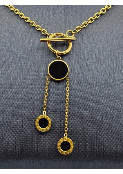 Siyah/gold Halka Detaylı Y Model Çelik Kolye