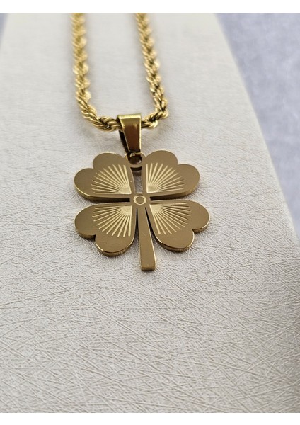 4 Yapraklı Yonca Model Kalın Zincirli Gold Renk Çelik Kolye