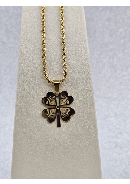 4 Yapraklı Yonca Model Kalın Zincirli Gold Renk Çelik Kolye fiyatları