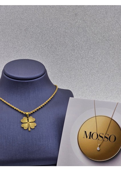 4 Yapraklı Yonca Model Kalın Zincirli Gold Renk Çelik Kolye fırsatları