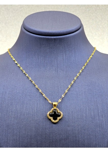 Yonca Model Siyah Çelik Kolye Van Cleef Gold Renk