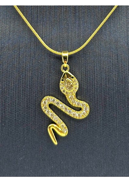 Yılan Model Gold Renk Zirkon Taşlı Çelik Kolye