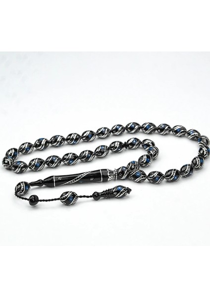 Oltu Taşı Çift Çeşm-i Bülbül Mavi İşlemeli Tespih indirimleri