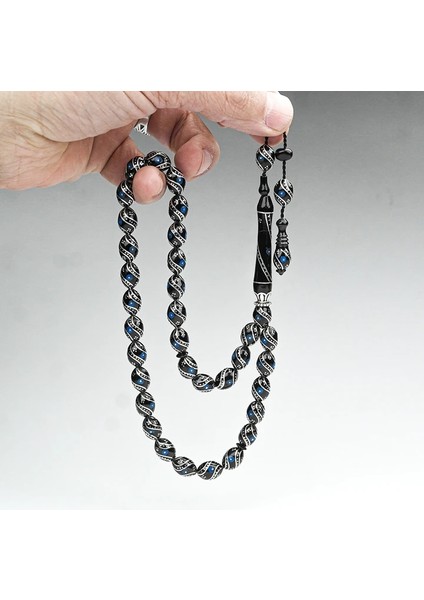 Oltu Taşı Çift Çeşm-i Bülbül Mavi İşlemeli Tespih