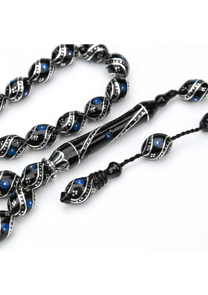 Oltu Taşı Çift Çeşm-i Bülbül Mavi İşlemeli Tespih