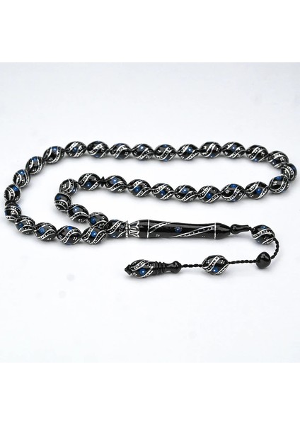 Oltu Taşı Çift Çeşm-i Bülbül Mavi İşlemeli Tespih