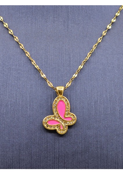 Pembe/gold Kelebek Model Çelik Kolye