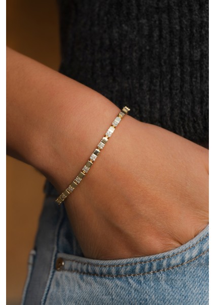 Zirkon Taşlı Gold Çelik Bileklik
