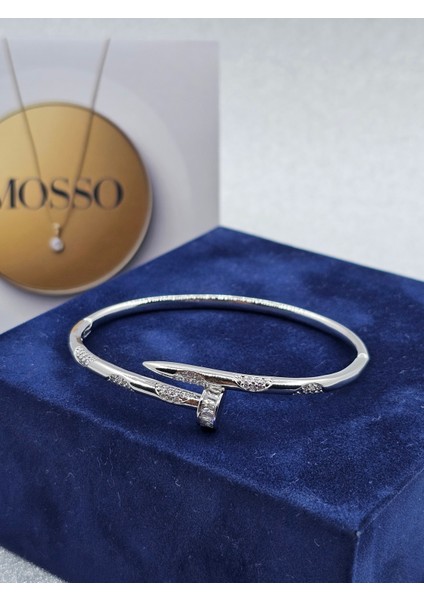 Zirkon Taşlı Çivi Model Gümüş Renk Çelik Bileklik modelleri