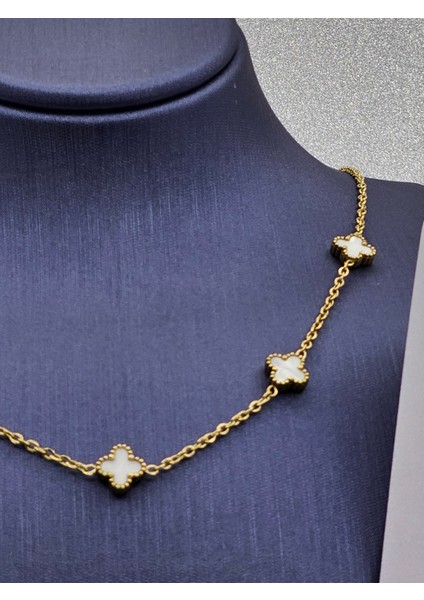 Beyaz Yonca Model Gold Renk Çelik Kolye Van Cleef Küçük