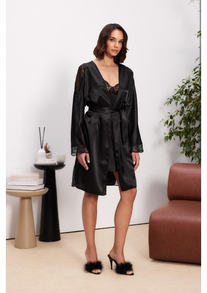 Saten Dantelli Kadın Gecelik ve Sabahlık Takımı - 4500 Siyah