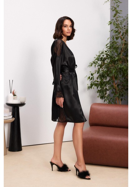 Saten Dantelli Kadın Gecelik ve Sabahlık Takımı - 4500 Siyah fiyatları