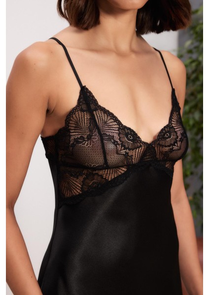 Saten Dantelli Kadın Gecelik ve Sabahlık Takımı - 4500 Siyah indirimleri