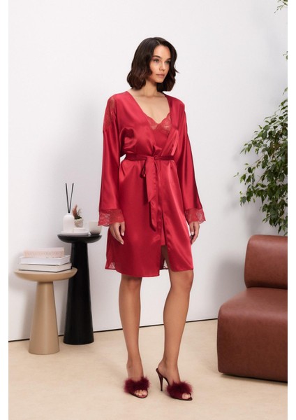 Saten Dantelli Kadın Gecelik ve Sabahlık Takımı - 4500 Kırmızı fiyatları