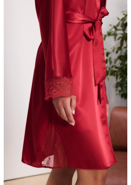 Saten Dantelli Kadın Gecelik ve Sabahlık Takımı - 4500 Kırmızı modelleri