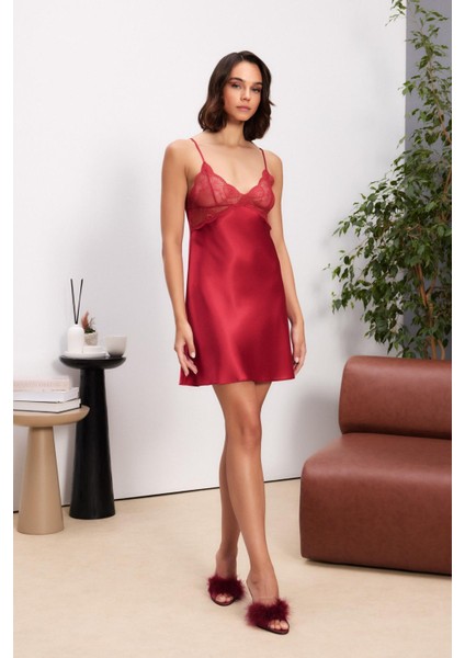 Saten Dantelli Kadın Gecelik ve Sabahlık Takımı - 4500 Kırmızı indirimleri