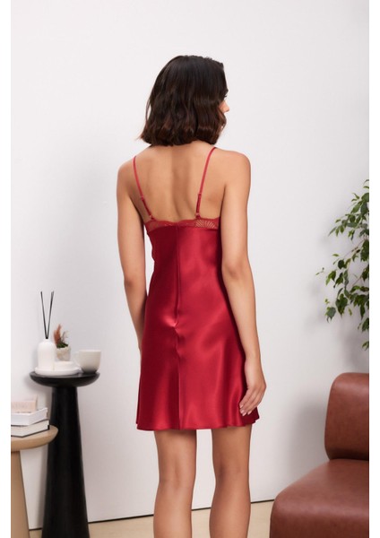 Saten Dantelli Kadın Gecelik ve Sabahlık Takımı - 4500 Kırmızı