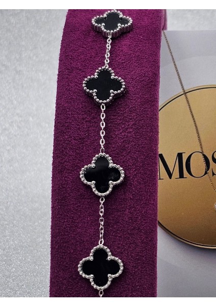 Yonca Model Siyah Çelik Bileklik Van Cleef Gümüş Renk