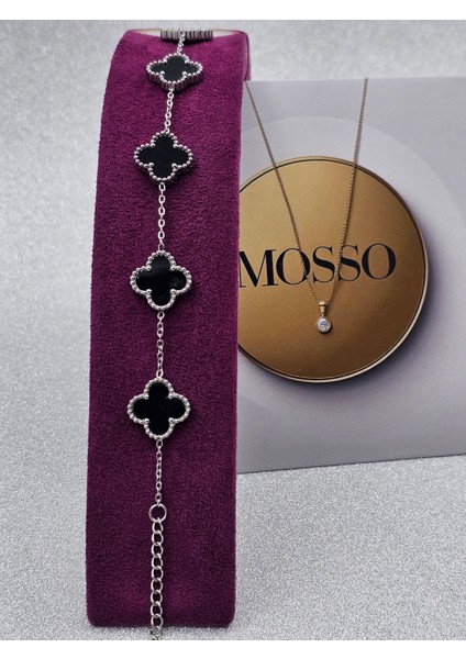 Yonca Model Siyah Çelik Bileklik Van Cleef Gümüş Renk modelleri