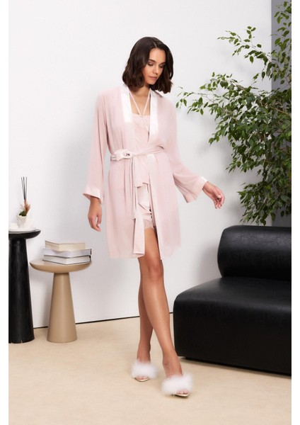 Kadife Saten 3'lü Kadın Pijama Takımı - 2845 Pudra