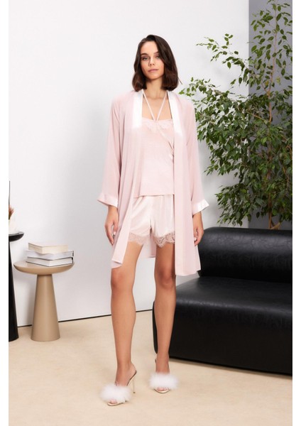 Kadife Saten 3'lü Kadın Pijama Takımı - 2845 Pudra fiyatları