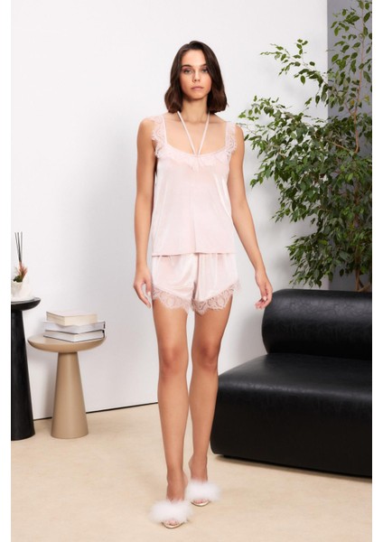 Kadife Saten 3'lü Kadın Pijama Takımı - 2845 Pudra modelleri