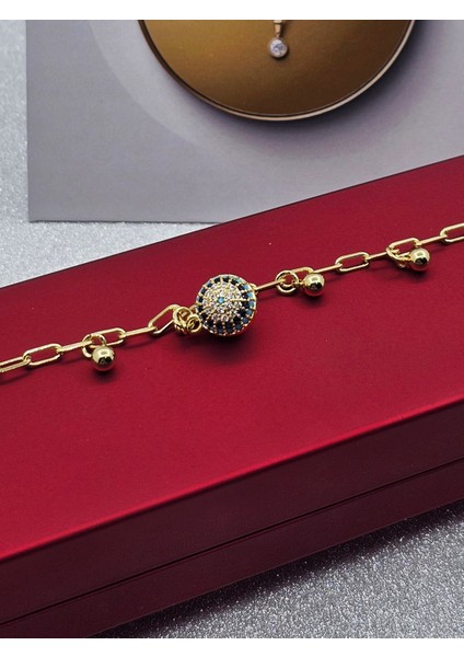 Nazar Boncuklu Detaylı Gold Renk Çelik Bileklik