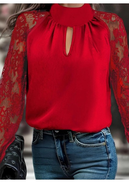 Kadın Uzun Kollu Göğüs Pencere Detay Yaka Boğazlı Kolları Tüllü Sandy Bluz fiyatları