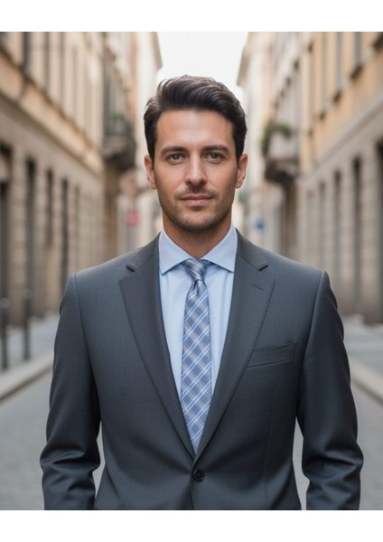 Açık Gri Ekose Desenli 7,5 cm Genişliğinde Ipek Kravat