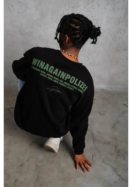 Erkek Oversize Sweatshirt – Siyah Renk | Ön ve Sırt Baskılı, Üç Iplik Içi Pamuklu Kumaş, Rahat Kalıp, Ribanalı Kışlık Sweat | Winagain Polizei Serisi - Siyah