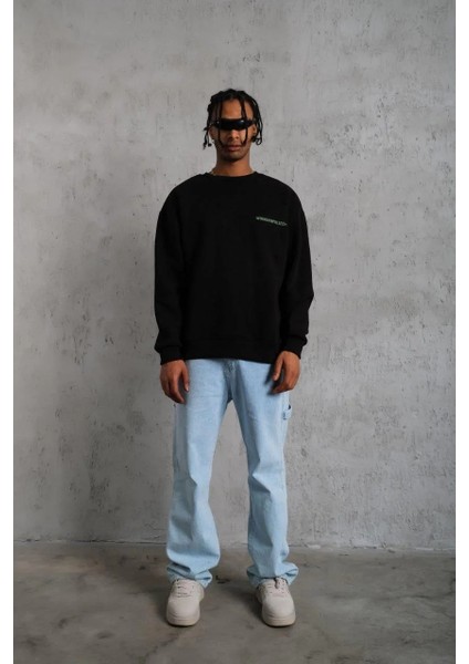 Erkek Oversize Sweatshirt – Siyah Renk | Ön ve Sırt Baskılı, Üç Iplik Içi Pamuklu Kumaş, Rahat Kalıp, Ribanalı Kışlık Sweat | Winagain Polizei Serisi - Siyah fırsatları