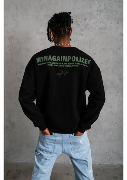 Erkek Oversize Sweatshirt – Siyah Renk | Ön ve Sırt Baskılı, Üç Iplik Içi Pamuklu Kumaş, Rahat Kalıp, Ribanalı Kışlık Sweat | Winagain Polizei Serisi - Siyah indirimleri