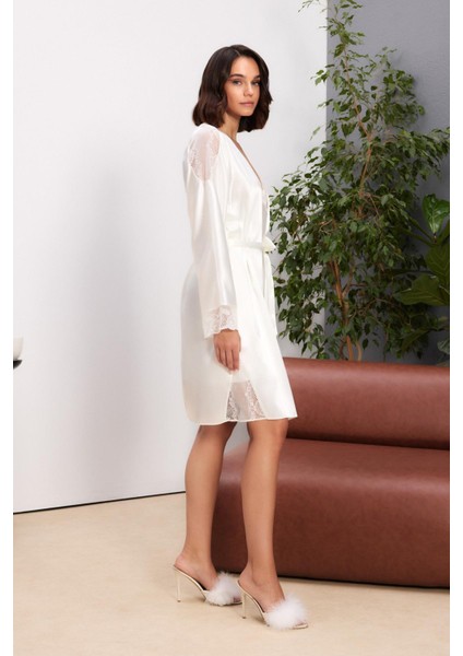 Saten Dantelli Kadın Gecelik ve Sabahlık Takımı - 4500 Ekru fiyatları