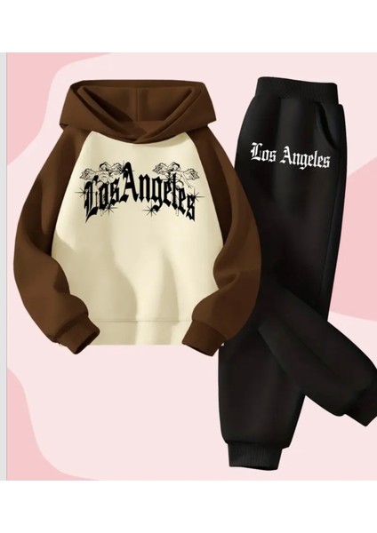 Büyük Beden Özel Tasarım Los Angeles Melekleri Baskılı Kapüşonlu Modern Kadın Eşofman Takımı