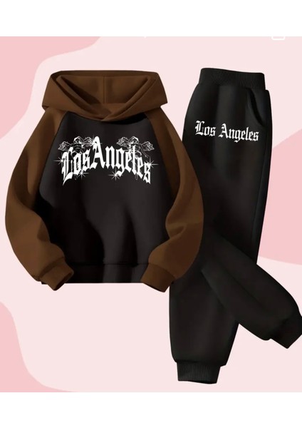Büyük Beden Özel Tasarım Los Angeles Melekleri Baskılı Kapüşonlu Modern Kadın Eşofman Takımı