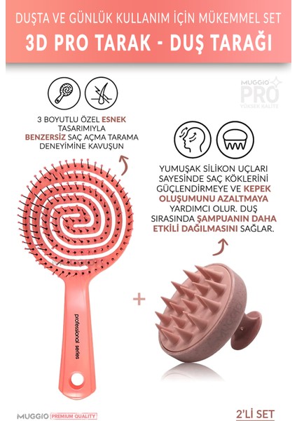 Pembe Pro Üç Boyutlu Oval Saç Fırçası + Pembe Silikon Duş Masaj Tarağı