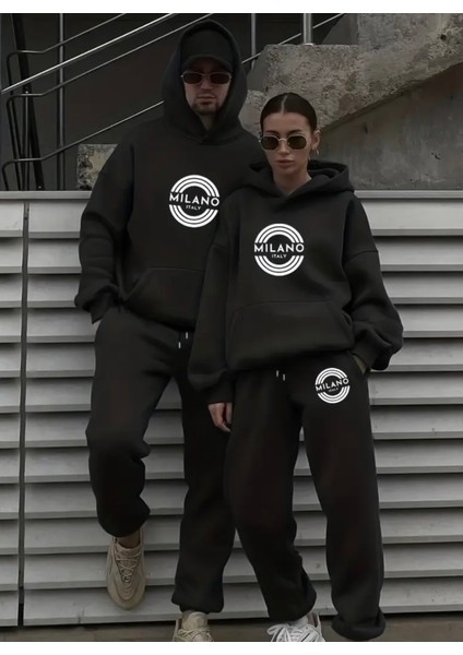 Büyük Beden Özel Tasarım Kapüşonlu Milano Italy Baskılı Kışlık Sevgili Kombini Eşofman Takımı.1 Adet Fiyatıdır