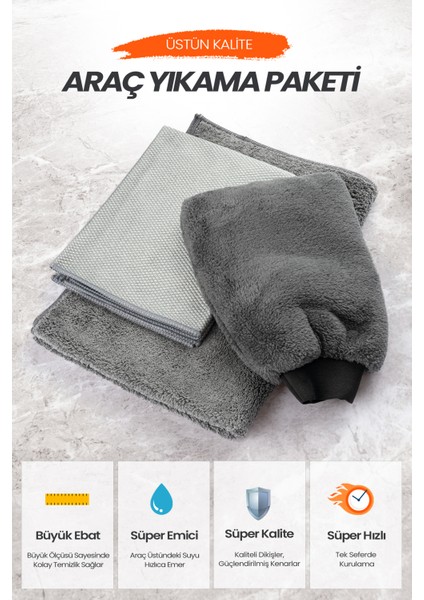 Newyorkdry Mikrofiber Oto Temizlik Paketi Araç Kurulama Havlusu Cam Bezi Araba Yıkama Eldiveni Seti