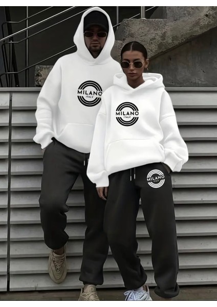 Büyük Beden Özel Tasarım Kapüşonlu Milano Italy Baskılı Kışlık Sevgili Kombini Eşofman Takımı.1 Adet Fiyatıdır