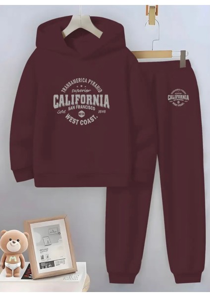 Özel Tasarım Kapüşonlu Californıa West Coast Baskılı %100 Pamuk Kışlık Erkek Çocuk Eşofman Takımı
