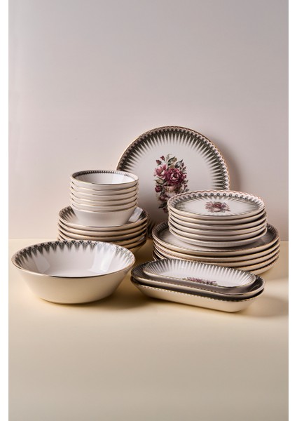 Antique Altın Yaldızlı Stoneware Yemek Takımı 27 Parça 6 Kişilik Yemek Seti